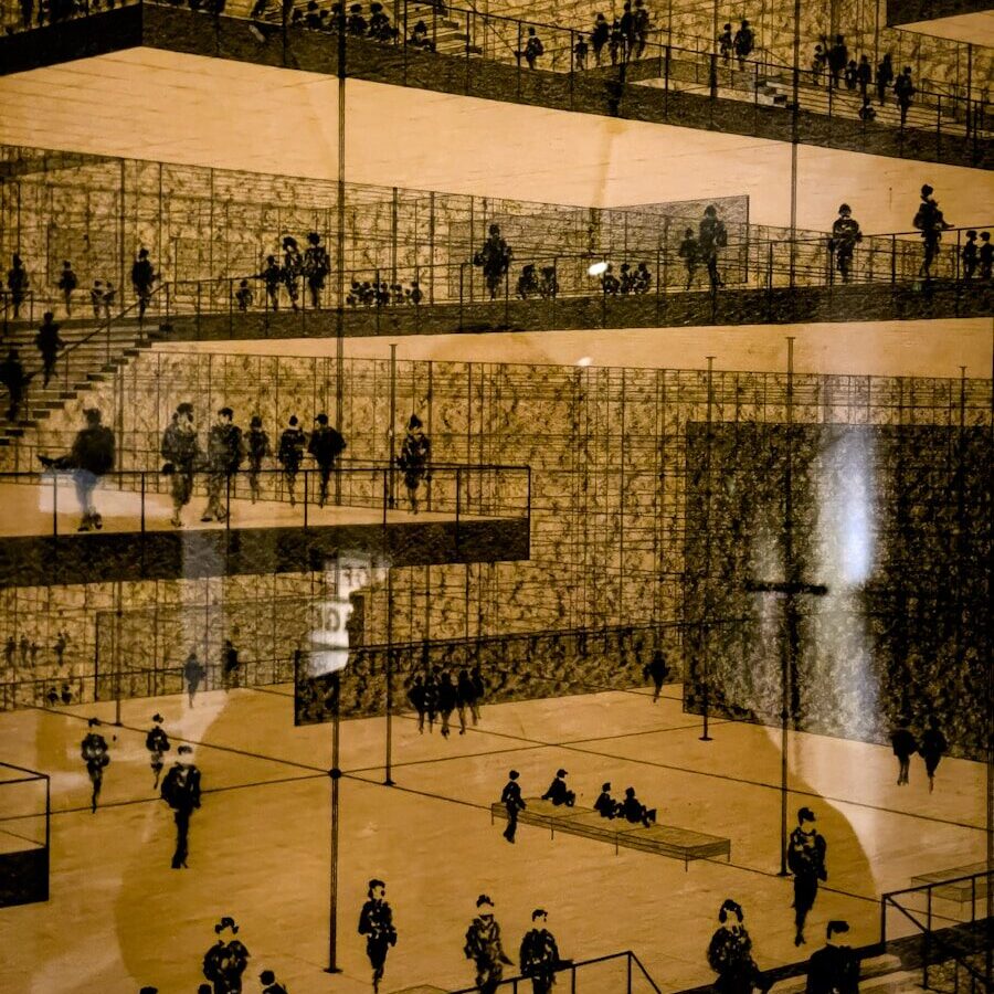 People on multiple levels of a modern building